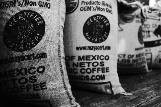 An image of unroasted coffee beans in burlap sacks